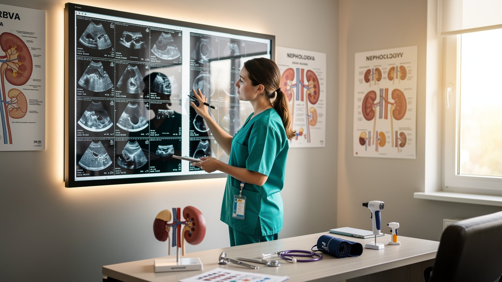Medical specialist reviewing diagnostic scans for paediatric kidney evaluation