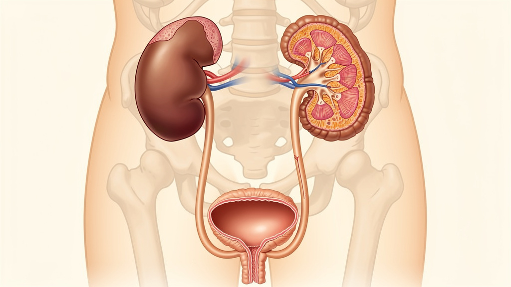 Anatomical illustration comparing healthy kidney with hydronephrosis