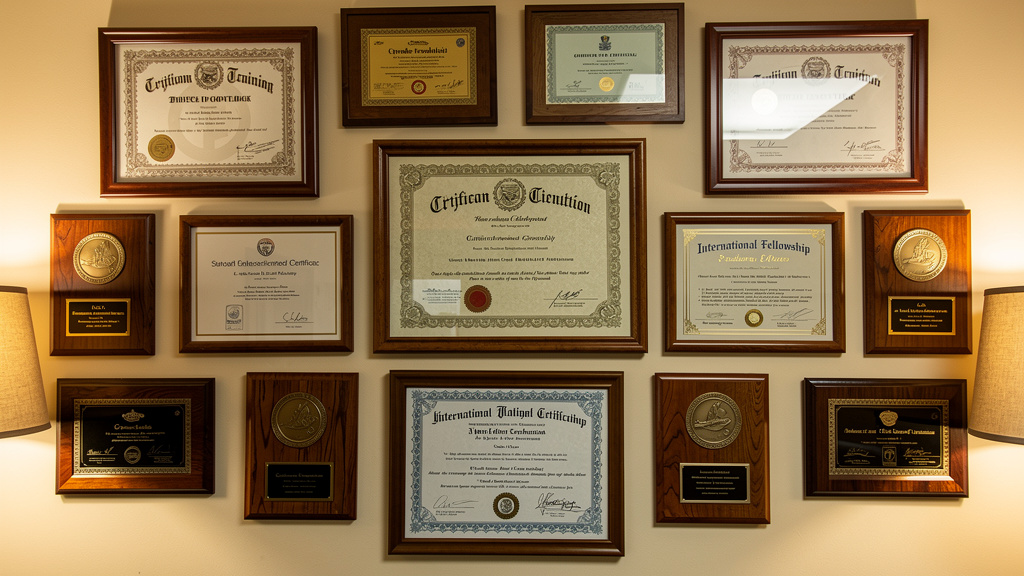 Professional medical qualifications and international certifications display