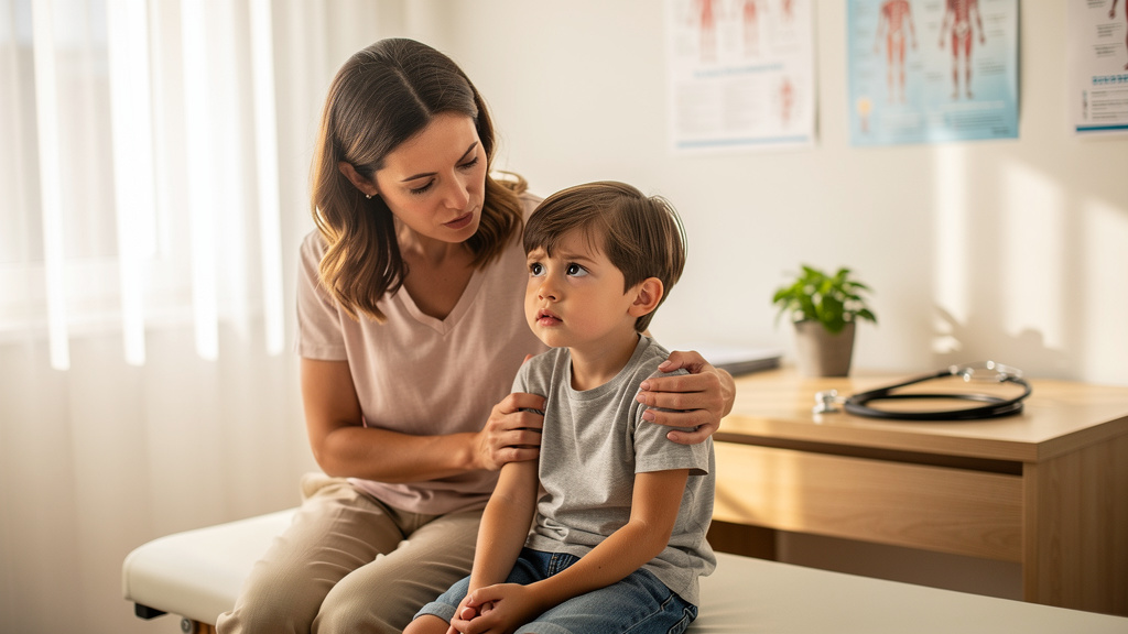 Mother supporting child during urinary symptoms consultation visit